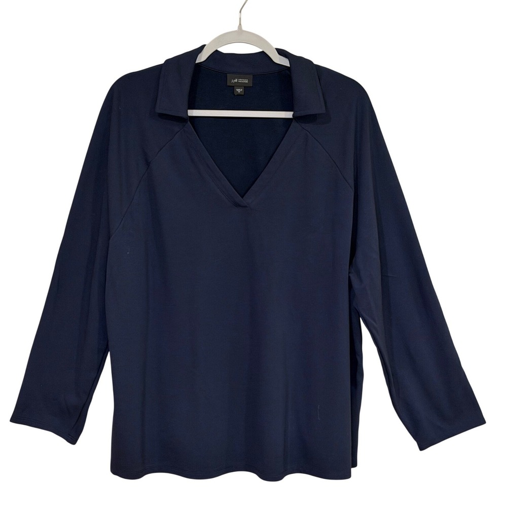 J. Jill Women Wearever Top Navy Blue XS V-Neck Collared Raglan Long Sleeve‎